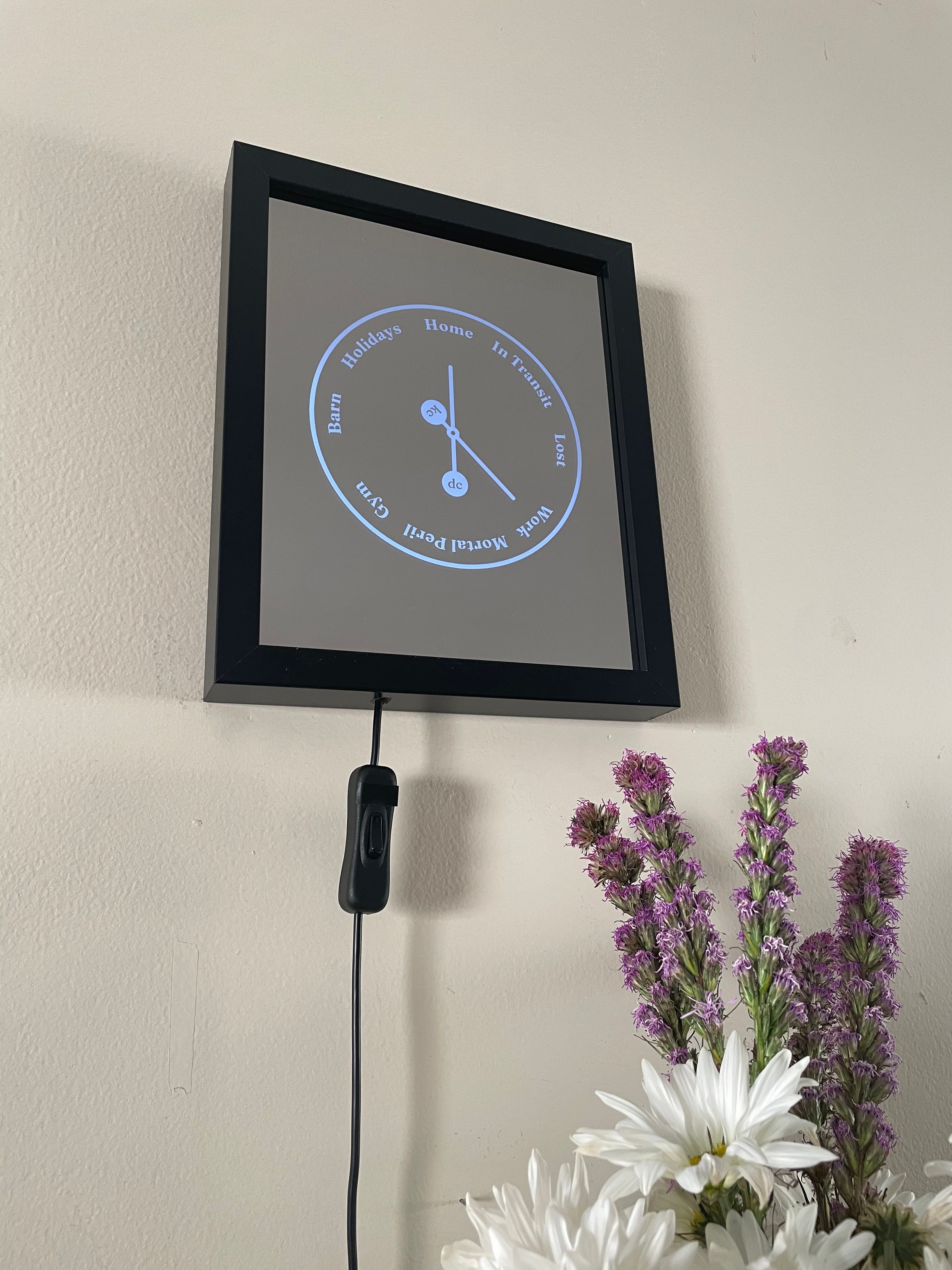 A mirror in a picture frame; behind the mirror shines through a clock with hands pointing not at times, but rather at locations. Home, Work, Gym, and more.